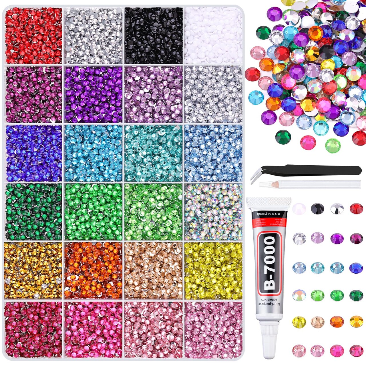 24000Pcs 3mm Flatback Resin Rhinestones with B7000 Glue & Tweezers – Multicolor